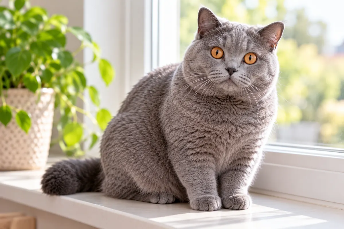 Blågrå Chartreux med tät, ullig päls och kopparfärgade ögon som sitter på en ljus fönsterbräda.