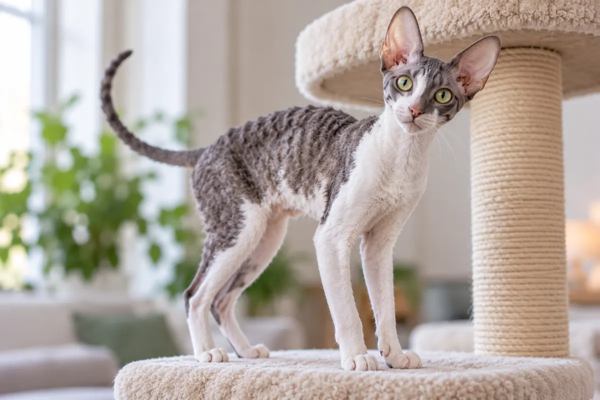 Smal Cornish rex med vågig, kort päls och långa ben som står på ett klösträd.
