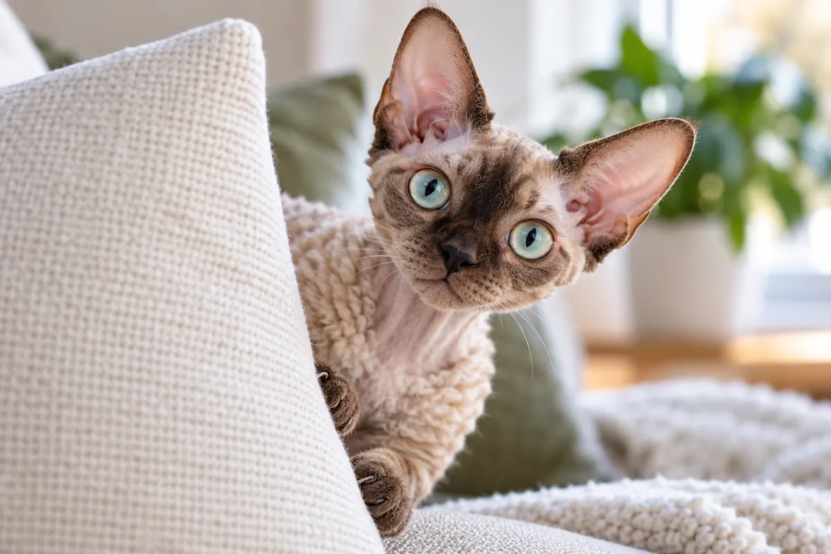 Devon rex med lockig, kort päls och stora öron som tittar nyfiket fram bakom en kudde.