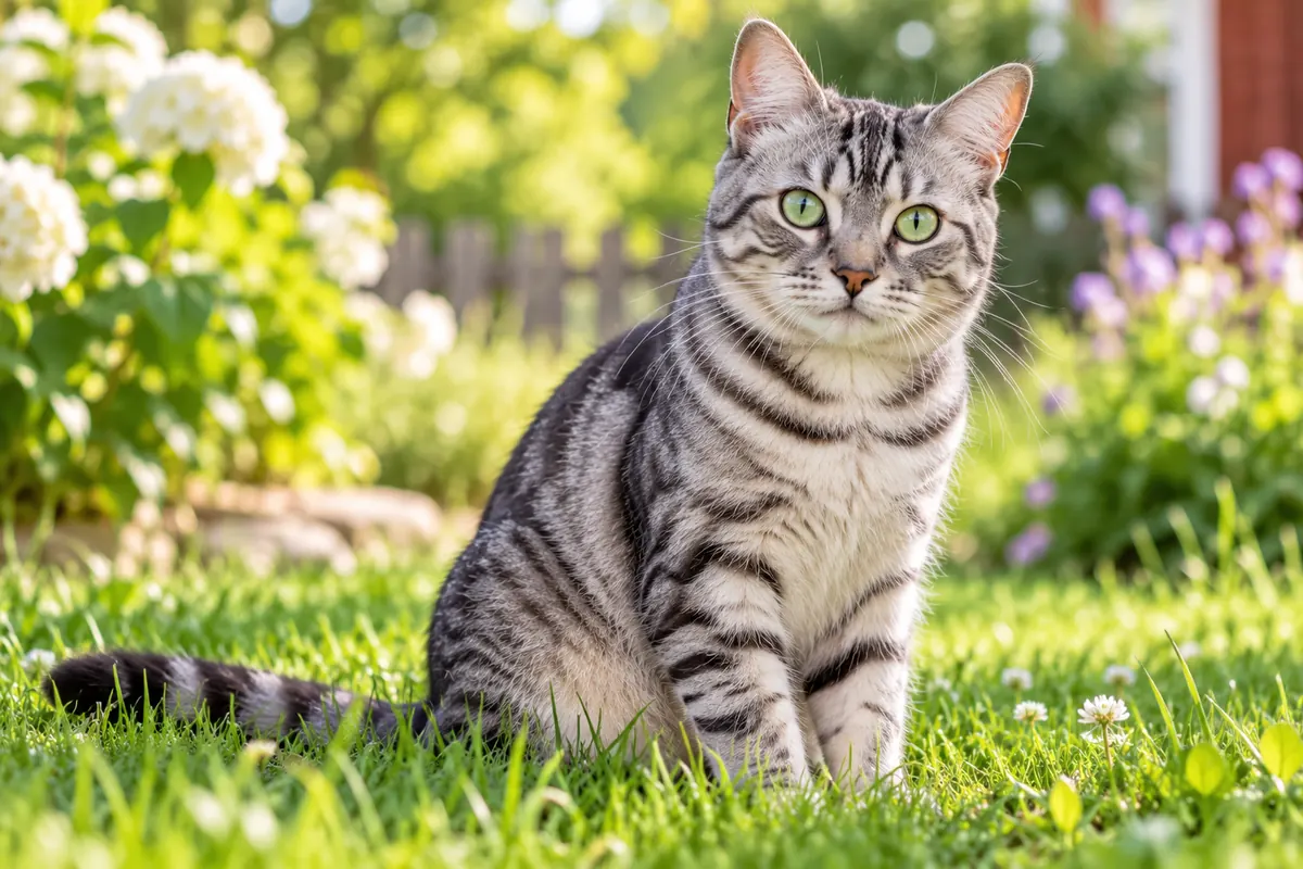Silvertabby Europé med gröna ögon som sitter i gräset i trädgården en sommardag.