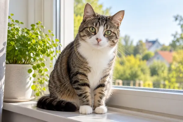 Randig grå och vit huskatt som sitter på en fönsterbräda i dagsljus och tittar in i kameran.