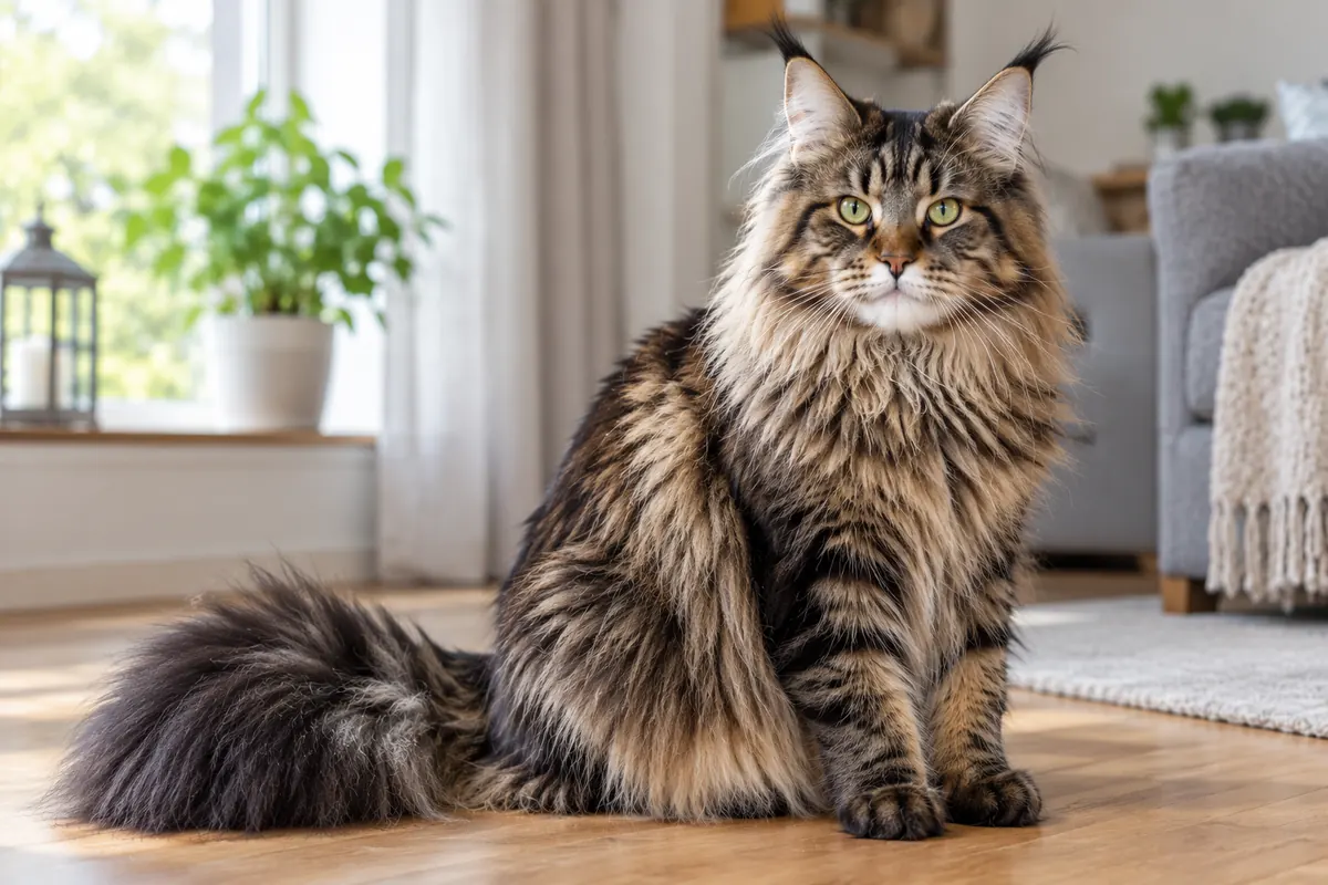 Stor brunmönstrad Maine Coon med tofsar på öronen och yvig svans som sitter på ett trägolv.