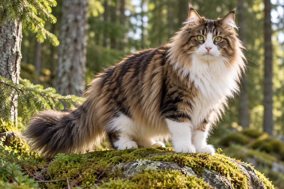 Norsk skogkatt i brunt och vitt med lång päls som står på en mossig sten i en barrskog.