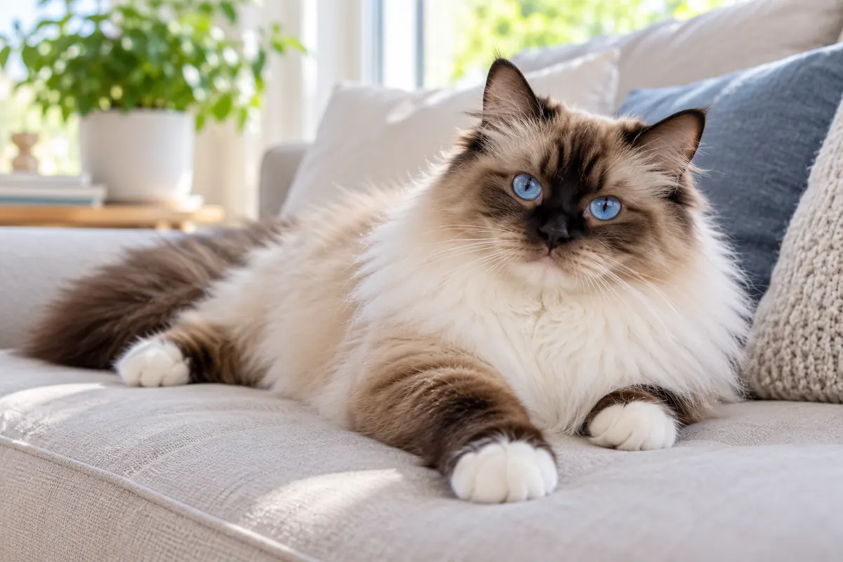 Ragdoll i seal point med klarblå ögon som ligger avslappnad på en ljus soffa i mjukt dagsljus.