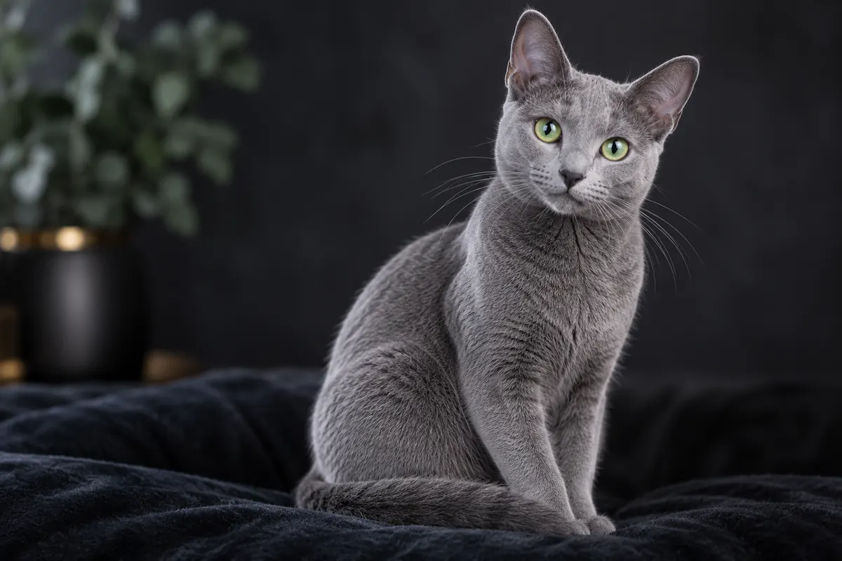 Russian blue med silverblå päls och gröna ögon som sitter på en mörk bakgrund.