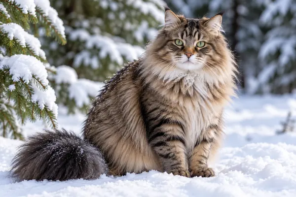 Sibirisk katt med tjock, tabbymönstrad päls och krage som sitter i snö framför granar.