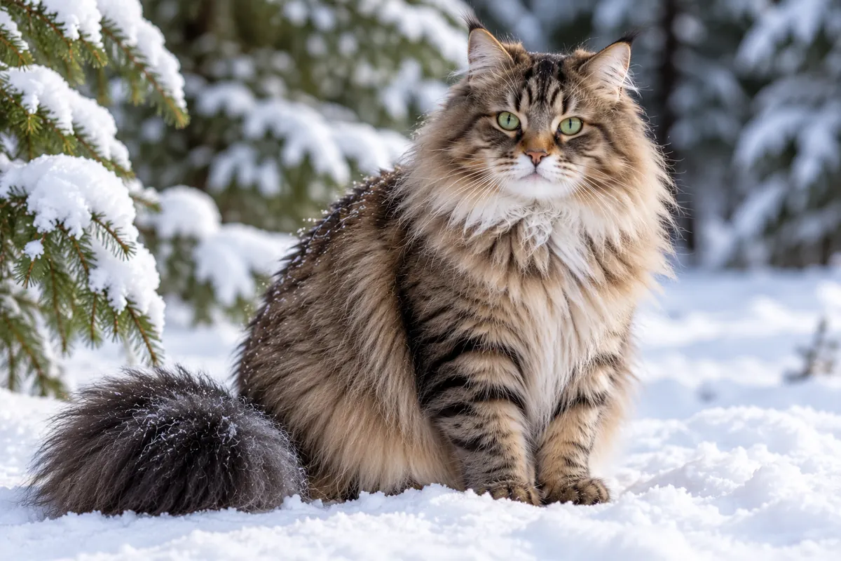 Sibirisk katt med tjock, tabbymönstrad päls och krage som sitter i snö framför granar.